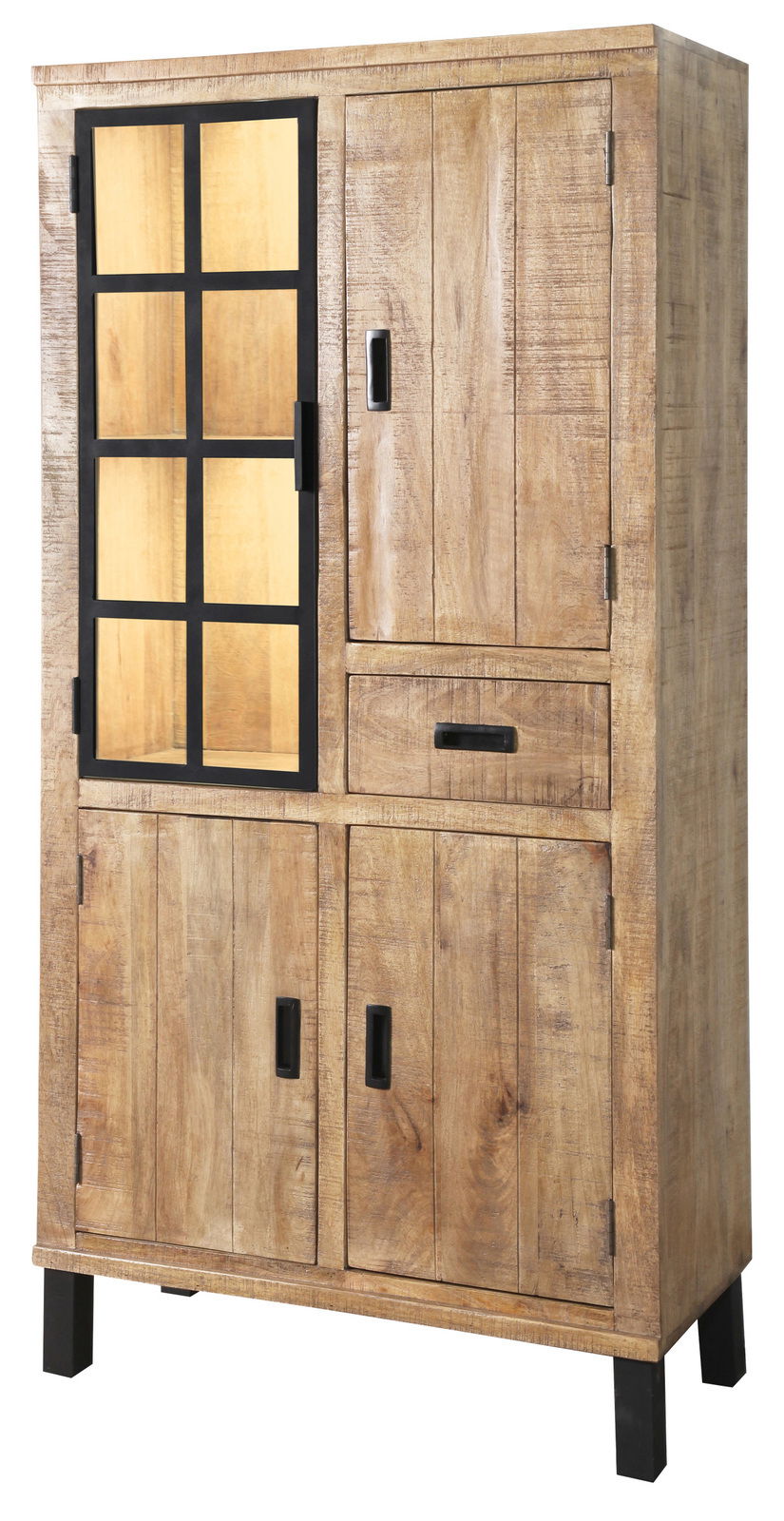 Vitrinenschrank aus Holz mit Glastür und Metallrahmen, frontal fotografiert