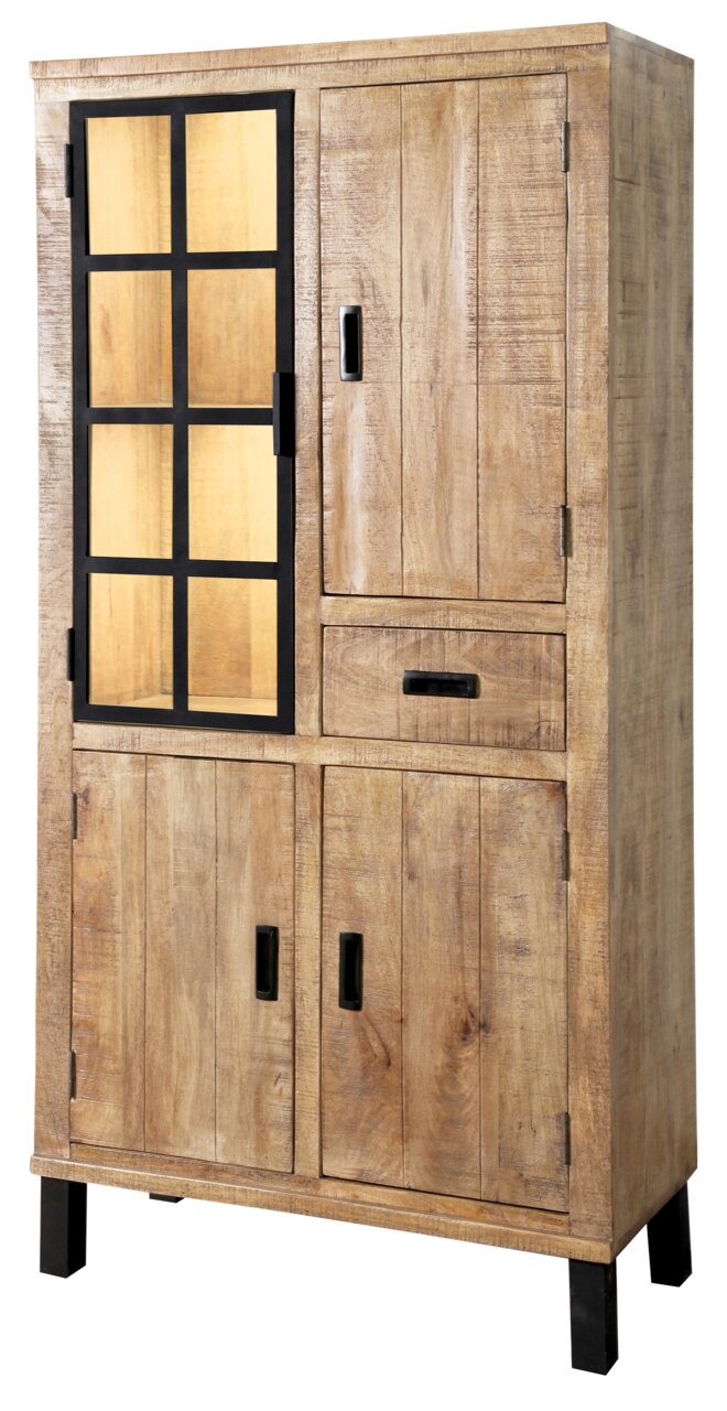 Vitrinenschrank aus Holz mit Glastür und Metallrahmen, frontal fotografiert