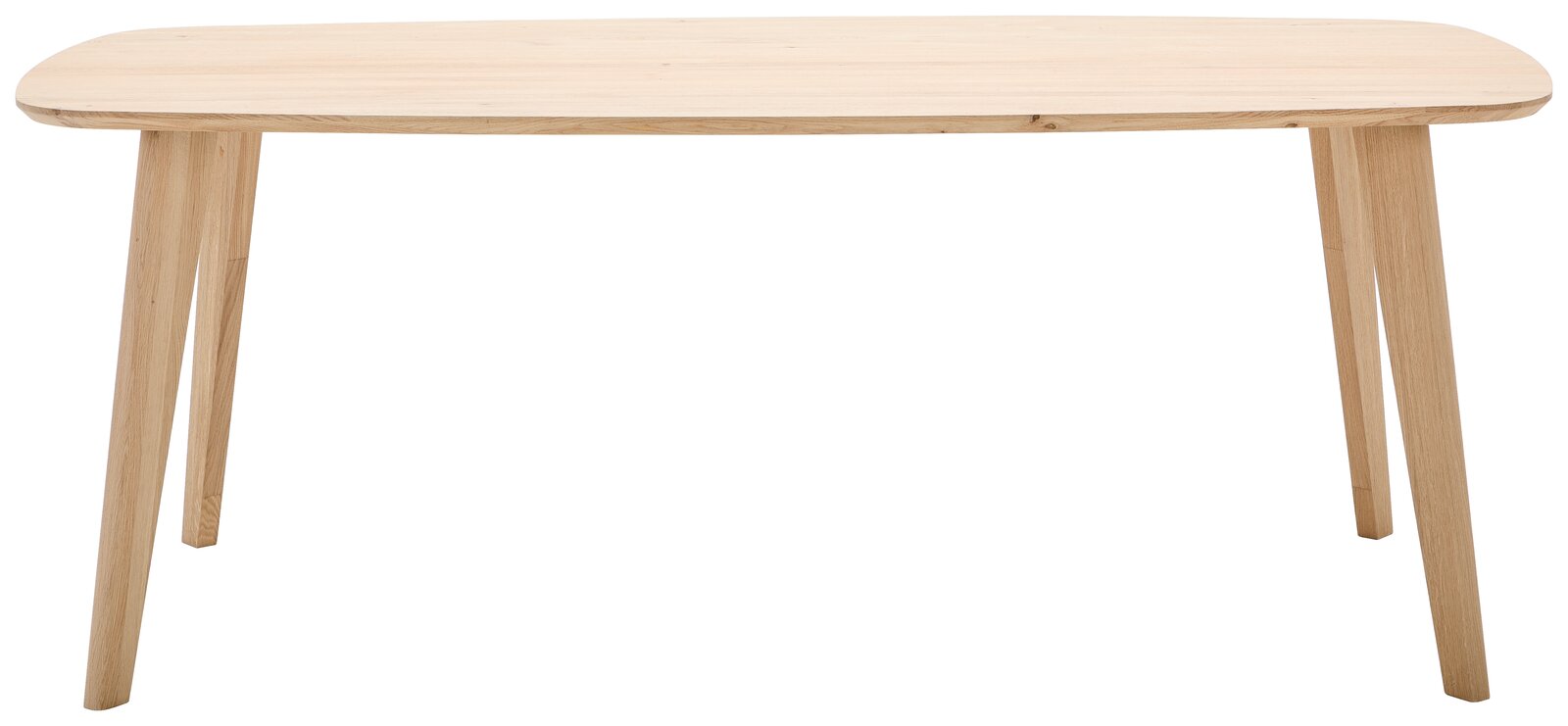Moderner Esstisch aus hellem Holz mit abgerundeten Ecken, frontal betrachtet.