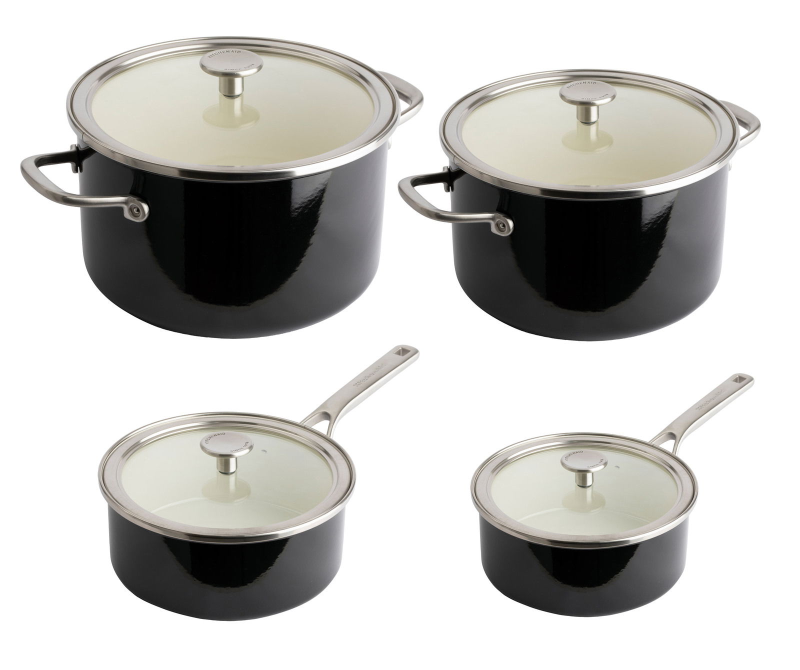 KitchenAid Topfset 4-tlg. COOKWARE Topfset 4-tlg. in matt schwarz, bestehend aus zwei großen Töpfen und zwei kleineren Töpfen mit Glasdeckeln, aus der Vogelperspektive.