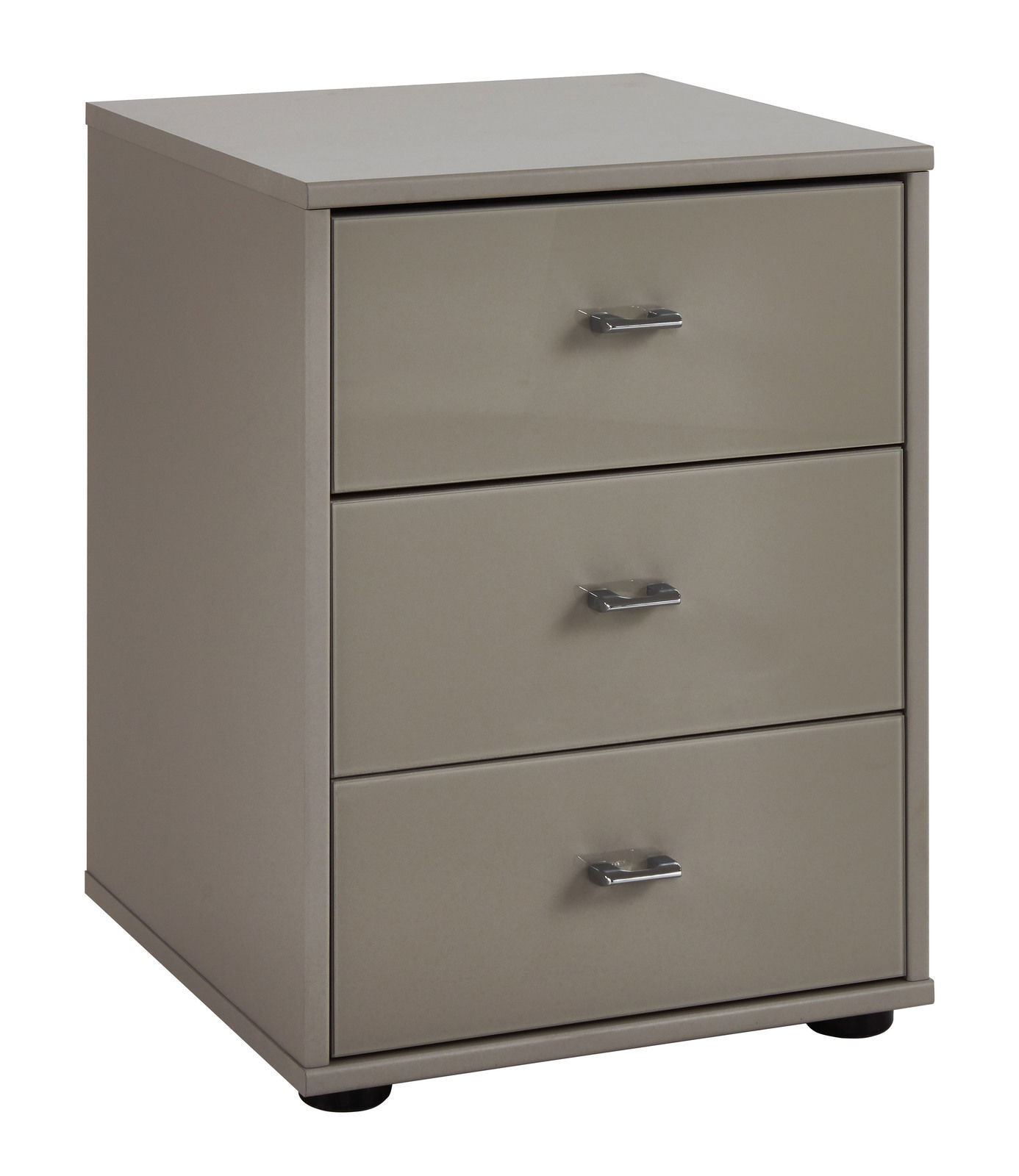 Moderner Nachtschrank mit drei Schubladen, seitliche Perspektive