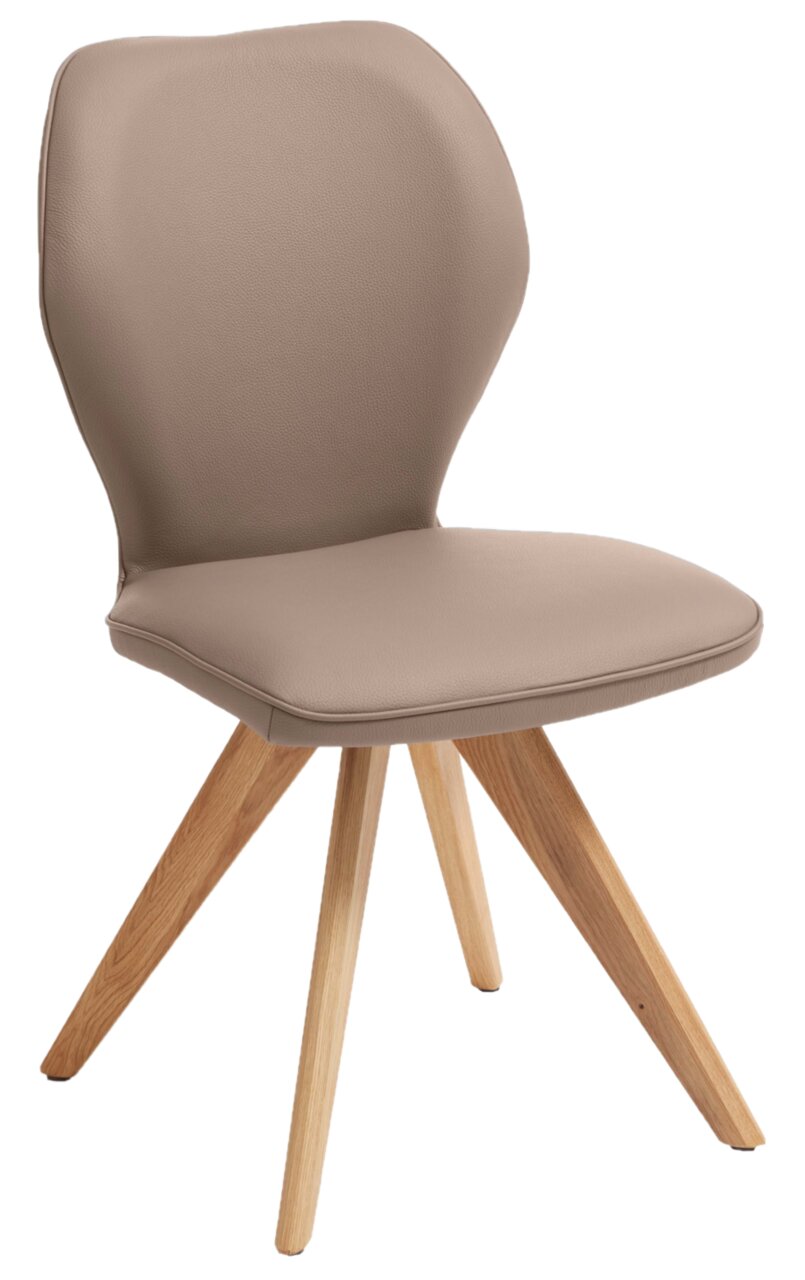 Moderner Stuhl mit beigem Polster und Holzbeinen, seitliche Perspektive