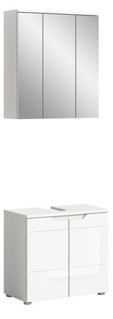 Moderne Badkombination mit Spiegelschrank und Unterschrank in weißer Hochglanzoptik, seitliche Perspektive