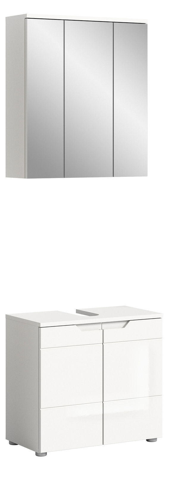 Moderne Badkombination mit Spiegelschrank und Unterschrank in weißer Hochglanzoptik, seitliche Perspektive
