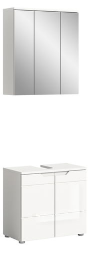 Moderne Badkombination mit Spiegelschrank und Unterschrank in weißer Hochglanzoptik, seitliche Perspektive
