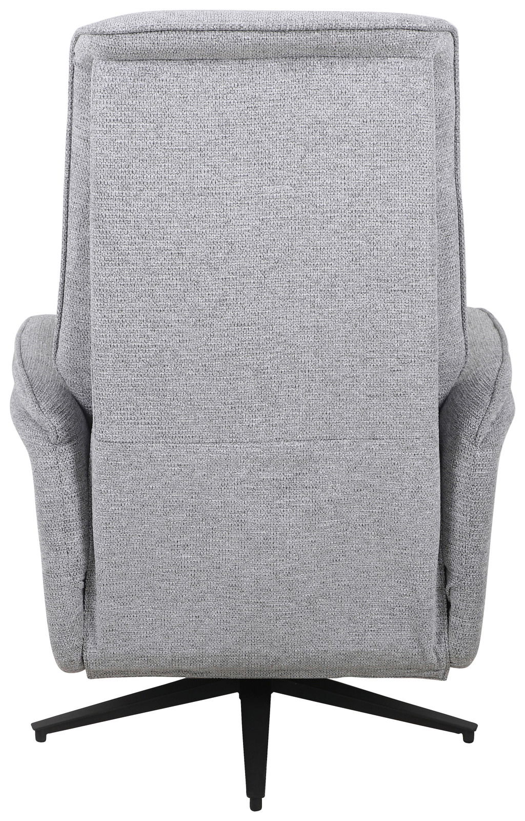 Rückansicht eines grauen, drehbaren Relaxsessels mit schwarzem Fußgestell.