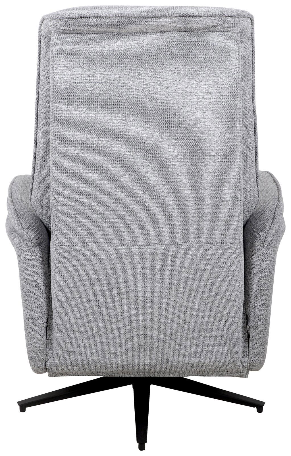 Rückansicht eines grauen, drehbaren Relaxsessels mit schwarzem Fußgestell.