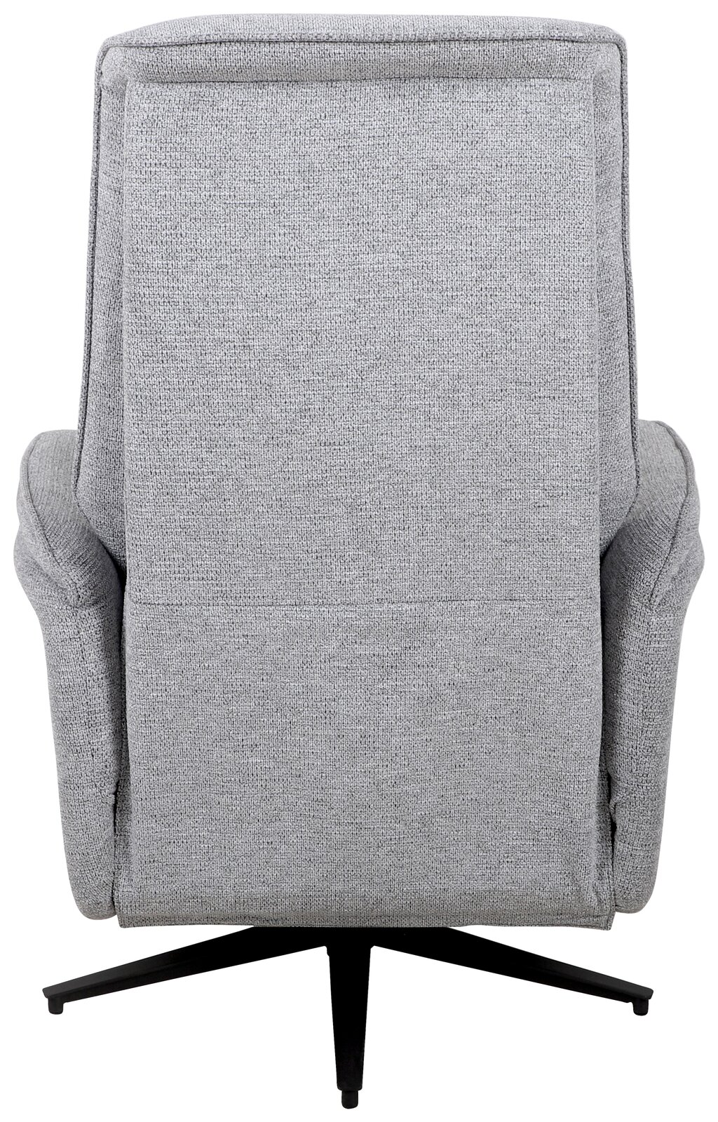 Rückansicht eines grauen, drehbaren Relaxsessels mit schwarzem Fußgestell.