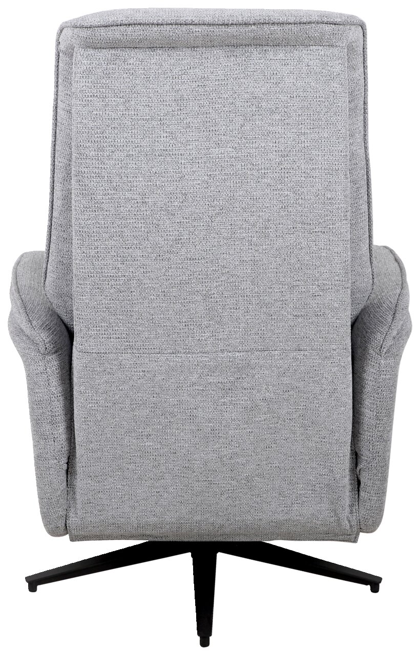 Rückansicht eines grauen, drehbaren Relaxsessels mit schwarzem Fußgestell.