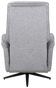 Rückansicht eines grauen, drehbaren Relaxsessels mit schwarzem Fußgestell.