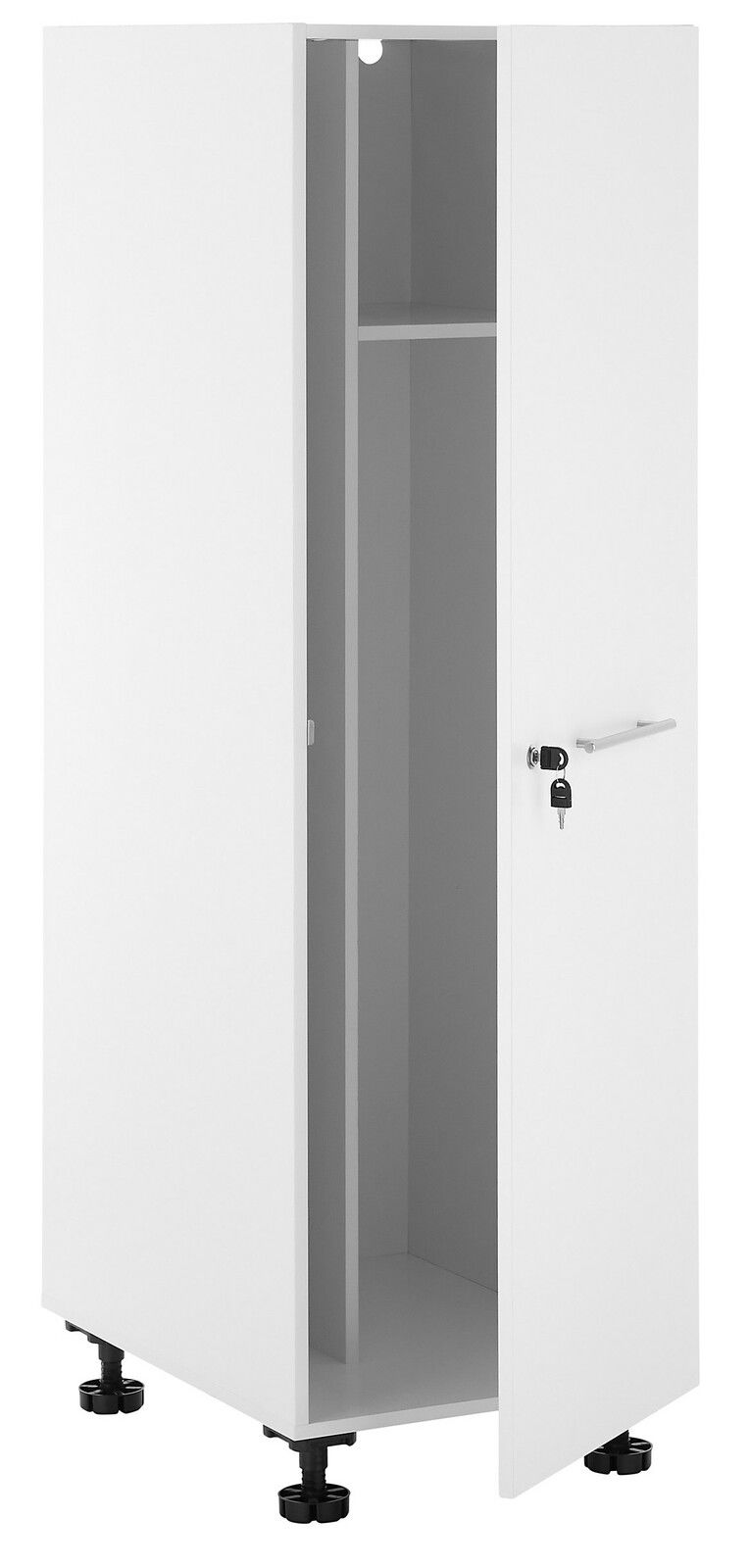 Weißer Haushaltschrank mit geöffneter Tür, seitliche Perspektive, zeigt Innenraum mit Regalboden und abschließbarem Griff.