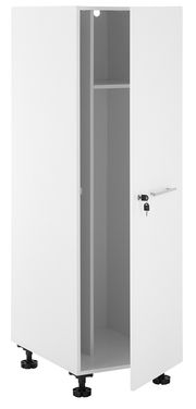 Weißer Haushaltschrank mit geöffneter Tür, seitliche Perspektive, zeigt Innenraum mit Regalboden und abschließbarem Griff.