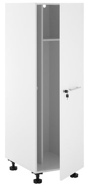 Weißer Haushaltschrank mit geöffneter Tür, seitliche Perspektive, zeigt Innenraum mit Regalboden und abschließbarem Griff.