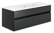 Moderne Badkombination mit schwarzem Unterschrank und weißem Waschbecken, seitliche Perspektive