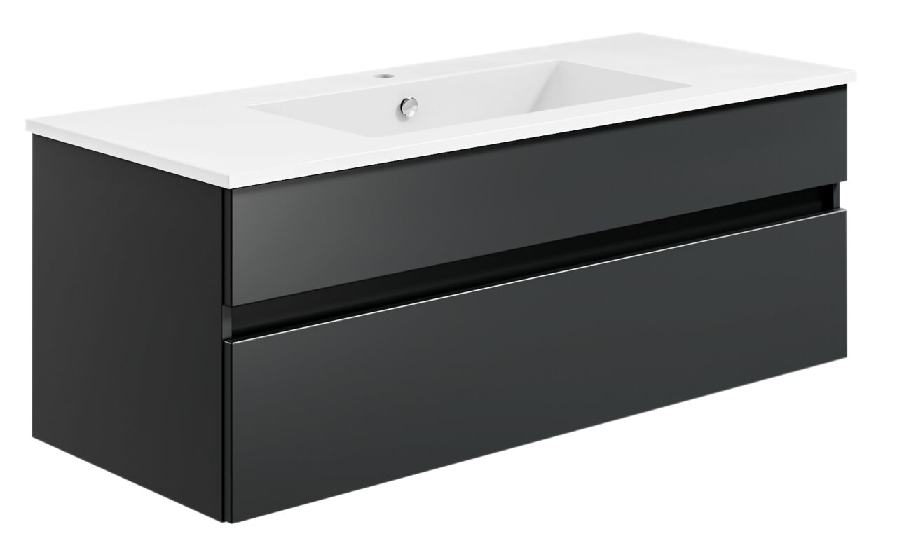 Moderne Badkombination mit schwarzem Unterschrank und weißem Waschbecken, seitliche Perspektive
