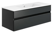 Moderne Badkombination mit schwarzem Unterschrank und weißem Waschbecken, seitliche Perspektive