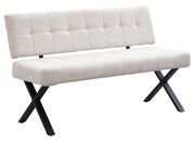 Beige gepolsterte Bank mit schwarzem Metallgestell, seitliche Perspektive