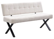 Beige gepolsterte Bank mit schwarzem Metallgestell, seitliche Perspektive