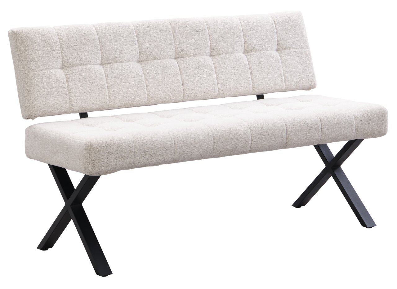 Beige gepolsterte Bank mit schwarzem Metallgestell, seitliche Perspektive