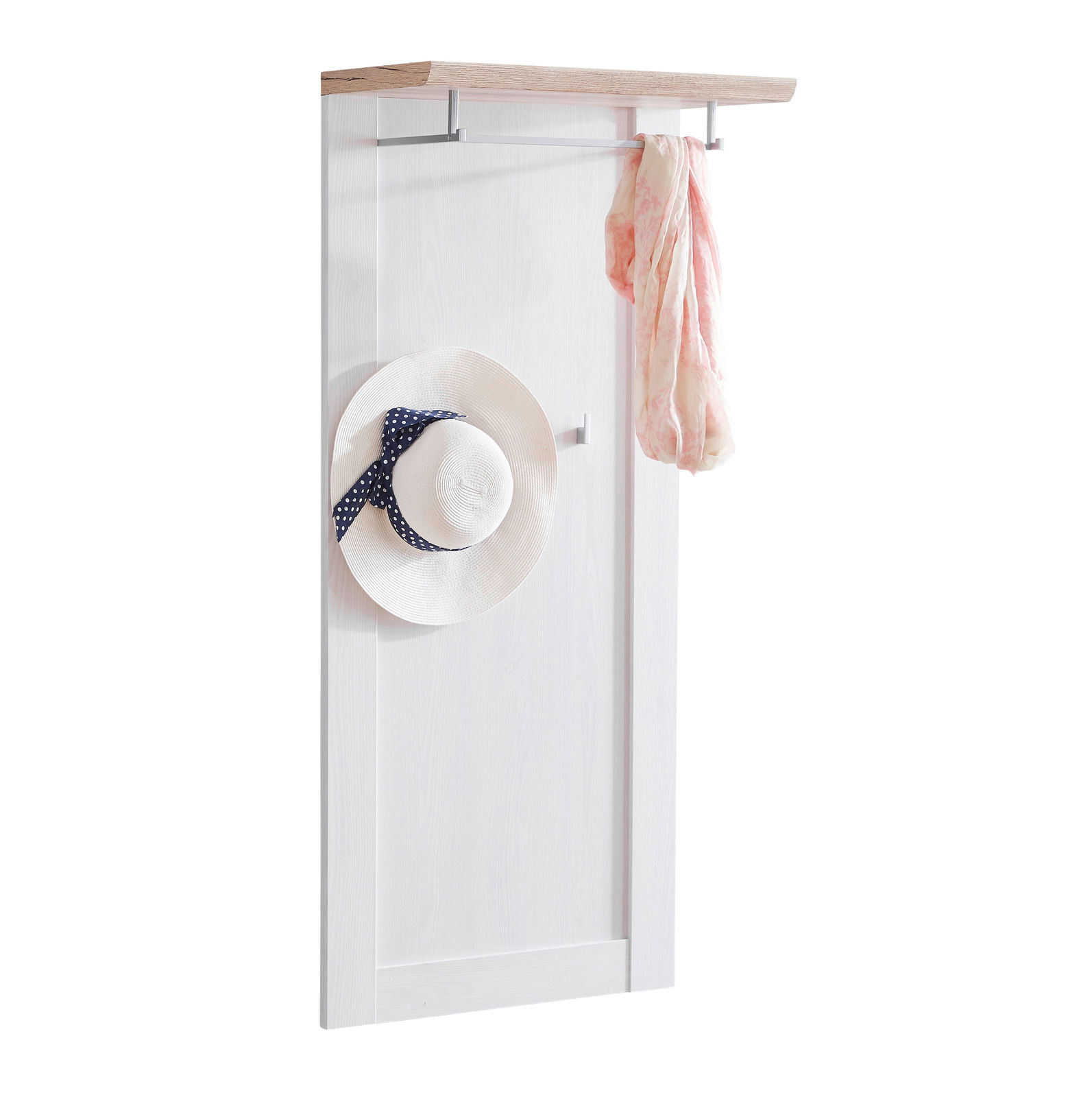 Garderobenpaneel in seitlicher Perspektive mit Haken und Ablage, dekoriert mit Hut und Schal.
