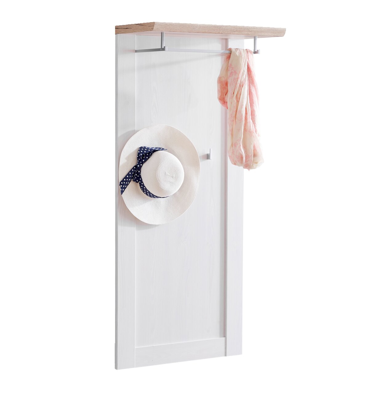 Landscape Garderobenpaneel SORTLAND Garderobenpaneel in seitlicher Perspektive mit Haken und Ablage, dekoriert mit Hut und Schal.