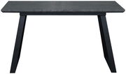Moderner Esstisch mit dunkler Tischplatte und schwarzen Metallbeinen, Frontalansicht