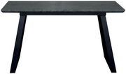 Moderner Esstisch mit dunkler Tischplatte und schwarzen Metallbeinen, Frontalansicht