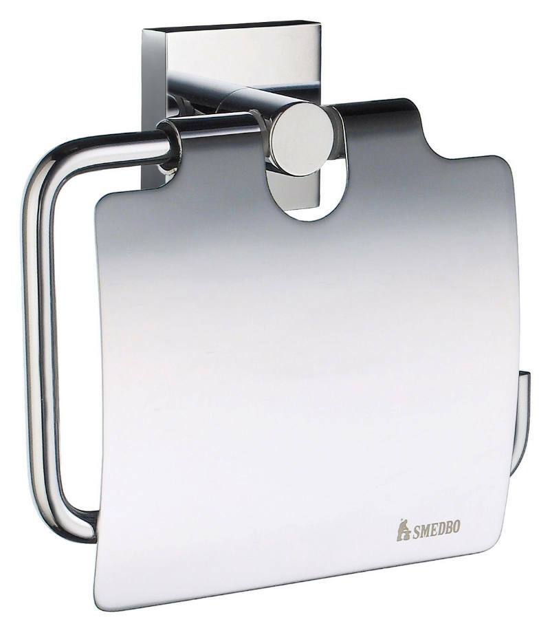 Moderner Toilettenpapierhalter mit Deckel aus glänzendem Metall, seitliche Perspektive