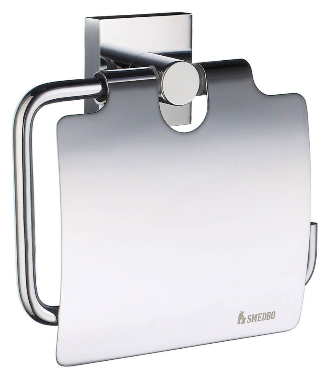 Moderner Toilettenpapierhalter mit Deckel aus glänzendem Metall, seitliche Perspektive