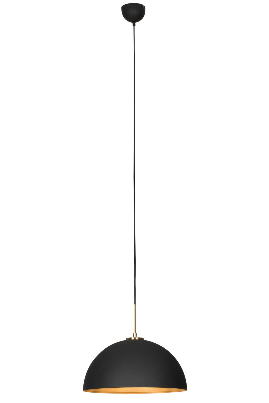 Moderne schwarze Hängeleuchte mit goldenen Akzenten, seitliche Perspektive