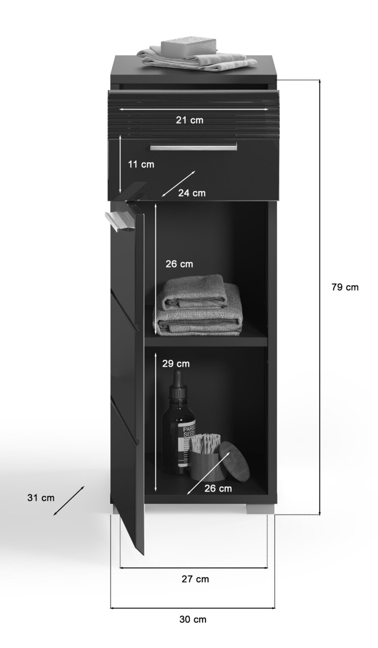 Schwarzer Standschrank LINUS mit einer Schublade und zwei Fächern, gefüllt mit Handtüchern und Pflegeprodukten, aus der Frontperspektive.