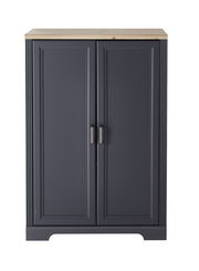 Vorderansicht eines niedrigen Aktenschranks mit zwei Türen in dunklem Grau und einer Holzoberfläche.