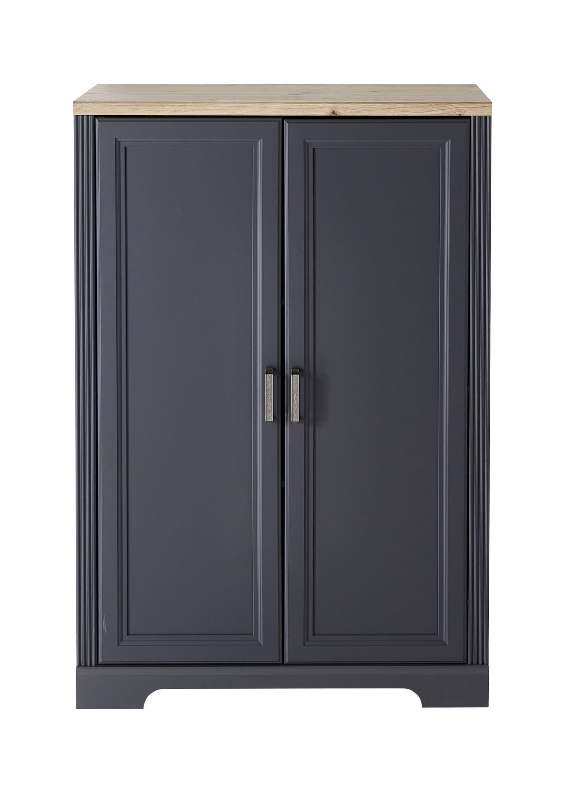 Vorderansicht eines niedrigen Aktenschranks mit zwei Türen in dunklem Grau und einer Holzoberfläche.