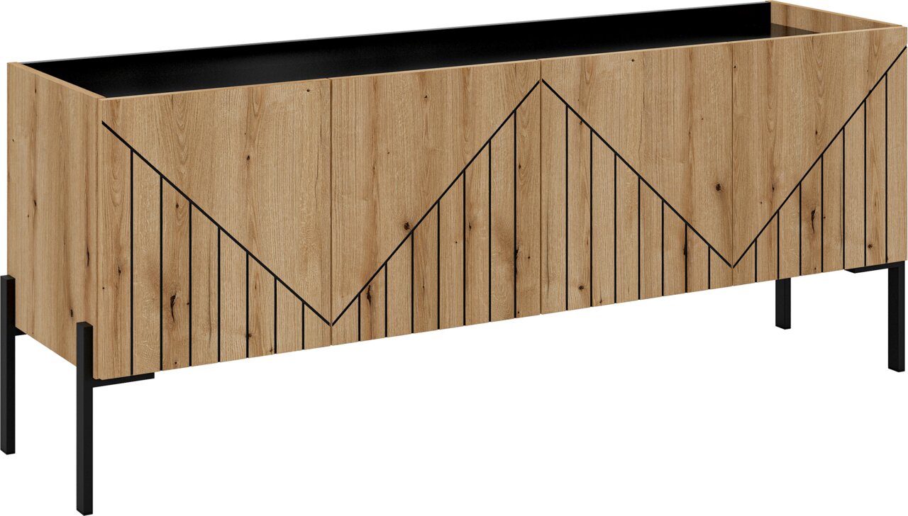 TV Lowboard aus Holz mit geometrischem Muster und schwarzen Metallbeinen, seitliche Perspektive