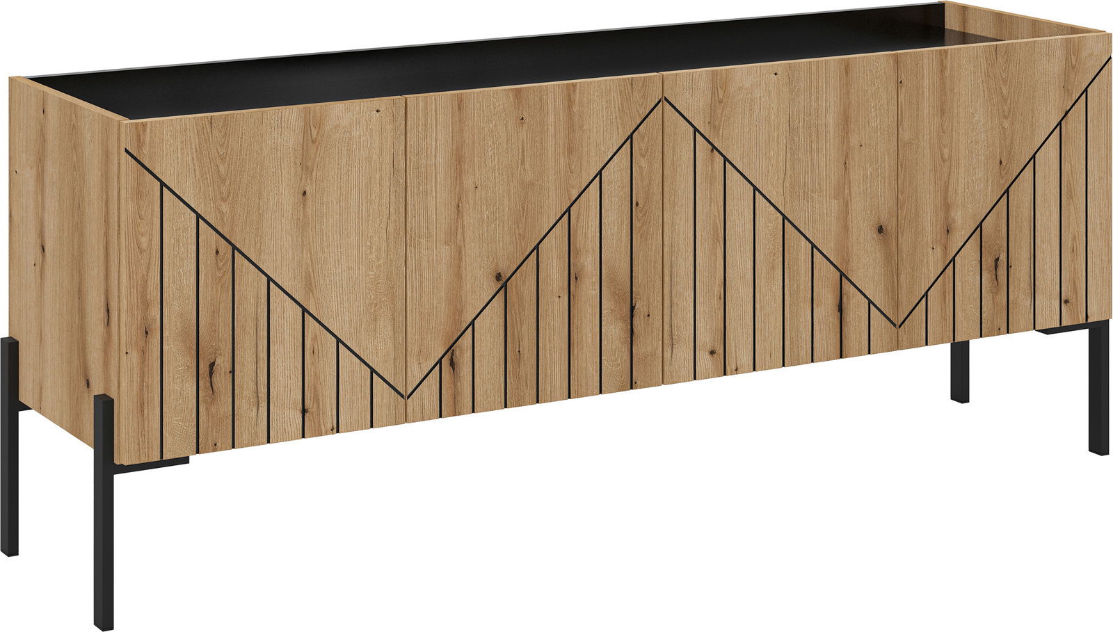 TV Lowboard aus Holz mit geometrischem Muster und schwarzen Metallbeinen, seitliche Perspektive