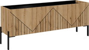 TV Lowboard aus Holz mit geometrischem Muster und schwarzen Metallbeinen, seitliche Perspektive