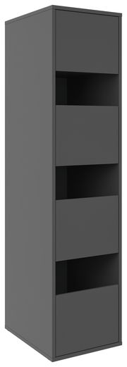 Moderner grauer Wäscheschrank mit vier offenen Fächern, seitliche Perspektive