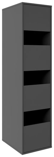 Moderner grauer Wäscheschrank mit vier offenen Fächern, seitliche Perspektive