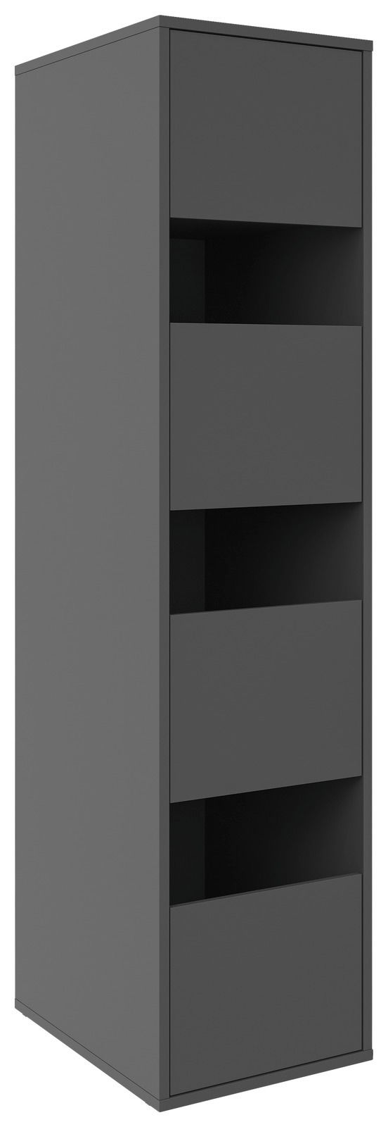 Moderner grauer Wäscheschrank mit vier offenen Fächern, seitliche Perspektive