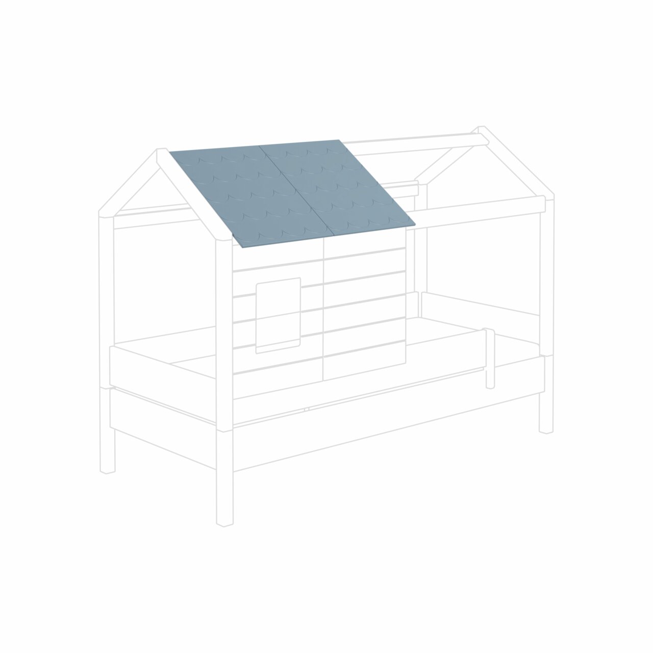 Paidi Dakleisteen TINY-HOUSE Dachschindel in blauer Farbe, montiert auf einem Spielhausdach aus Holz, seitliche Perspektive.