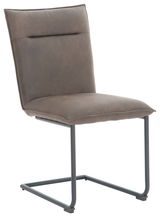 Freischwinger-Stuhl in seitlicher Perspektive mit grauem Polster und Metallgestell.