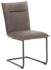 Freischwinger-Stuhl in seitlicher Perspektive mit grauem Polster und Metallgestell.