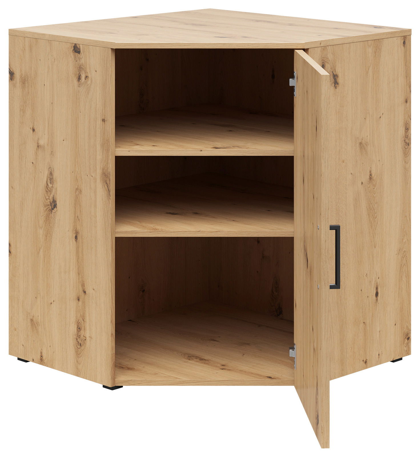 Eckkommode aus Holz mit geöffneter Tür, zwei Regalböden und seitlicher Perspektive