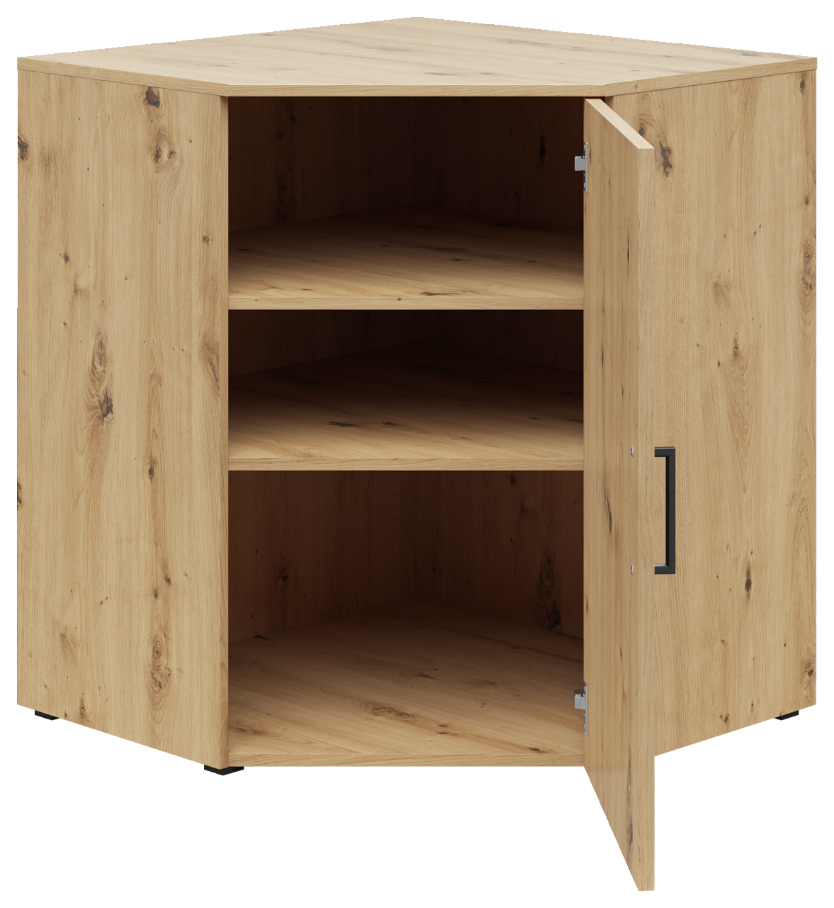 Eckkommode aus Holz mit geöffneter Tür, zwei Regalböden und seitlicher Perspektive