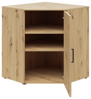 Eckkommode aus Holz mit geöffneter Tür, zwei Regalböden und seitlicher Perspektive