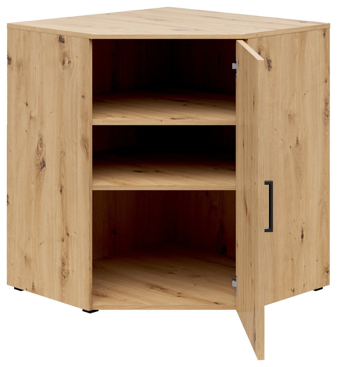 Eckkommode aus Holz mit geöffneter Tür, zwei Regalböden und seitlicher Perspektive