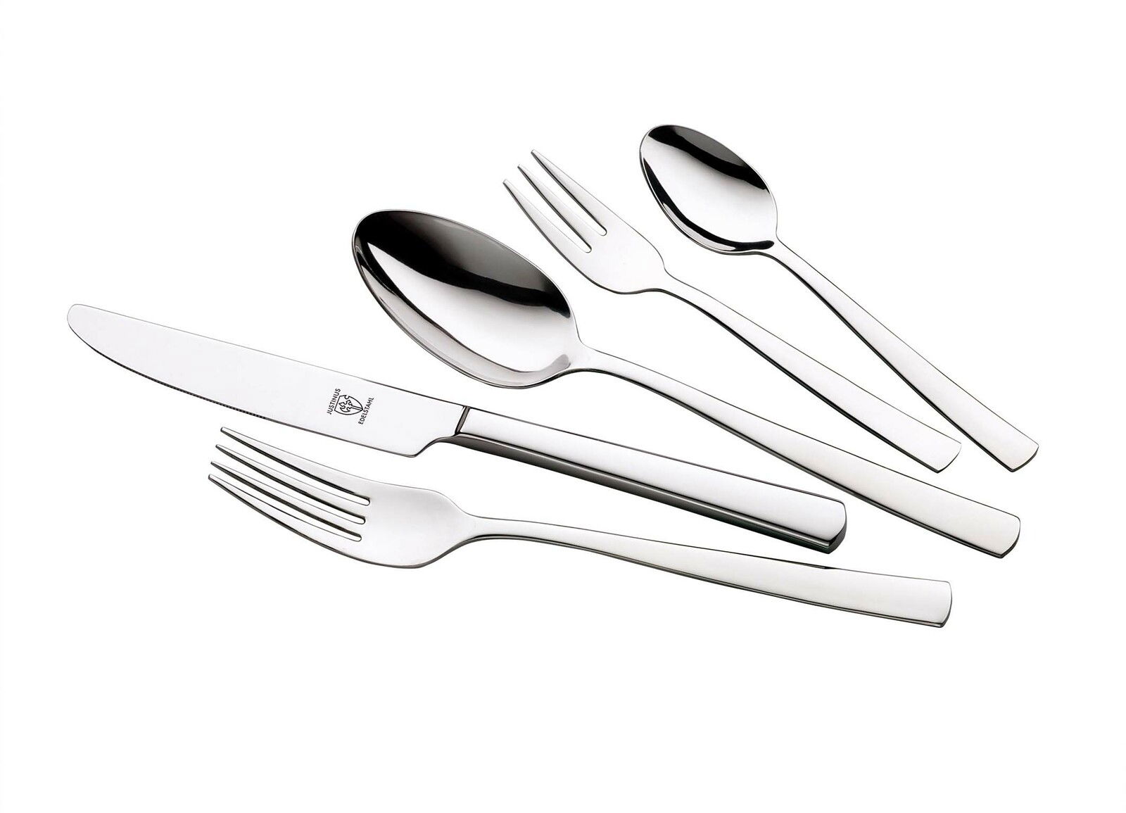 Elegantes Besteckset Vito 60-tlg. aus Edelstahl, bestehend aus Messer, Gabel, Löffel, Dessertgabel und Teelöffel, in seitlicher Perspektive.