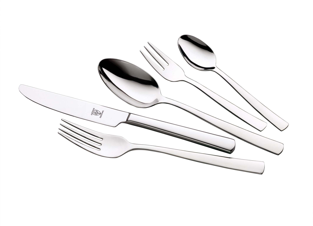 Elegantes Besteckset Vito 60-tlg. aus Edelstahl, bestehend aus Messer, Gabel, Löffel, Dessertgabel und Teelöffel, in seitlicher Perspektive.