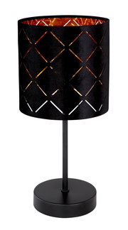 Schwarze Tischleuchte mit geometrischem Muster auf dem Lampenschirm, seitliche Perspektive