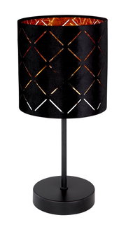 Schwarze Tischleuchte mit geometrischem Muster auf dem Lampenschirm, seitliche Perspektive